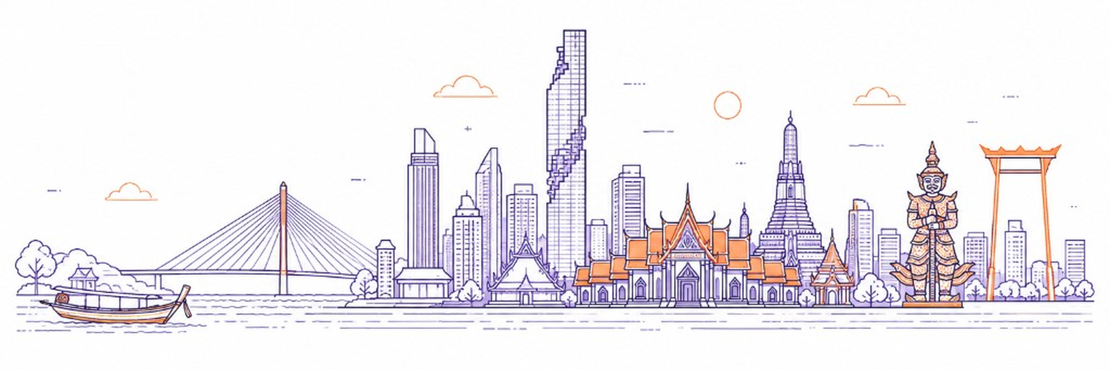 Illustrated Bangkok skyline and technology community gathering for Bangkok Tech Week.